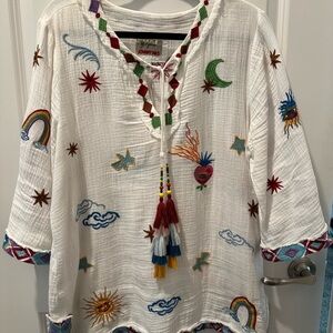 Johnny Was White Tunic with Colorful Embroidery